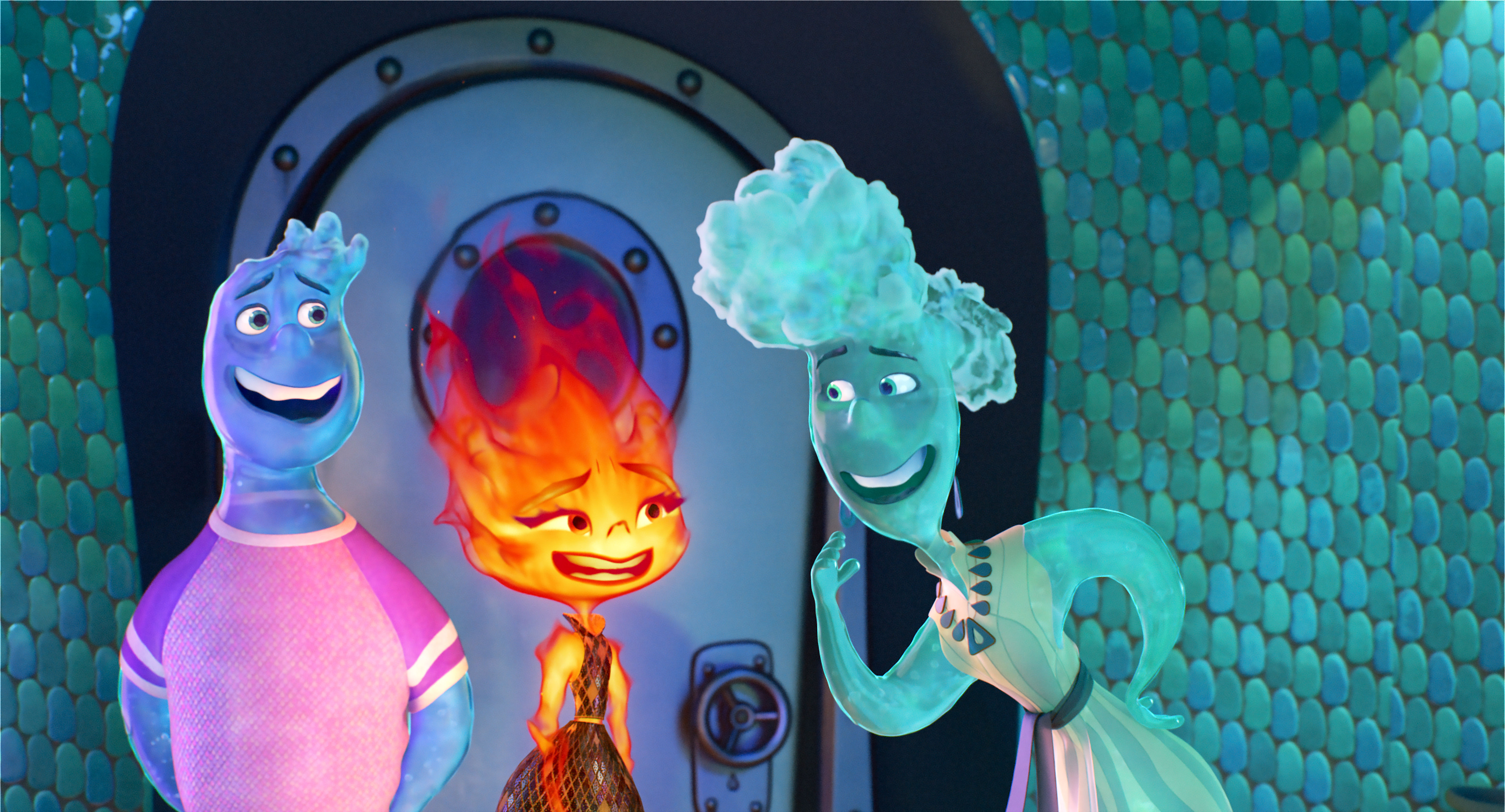 MEET MY MOM -- In Disney and Pixar’s “Elemental,” go-with-the-flow guy Wade (Mamoudou Athie) introduces fiery young woman Ember (voice of Leah Lewis) to his mom, Brook (voice of Catherine O’Hara). Ember is decidedly out of her element, but quickly warms up to his family. Directed by Peter Sohn (“The Good Dinosaur,” “Party Cloudy” short) and produced by Denise Ream (“The Good Dinosaur,” “Cars 2”), Disney and Pixar’s “Elemental” releases on June 16, 2023. © 2023 Disney/Pixar. All Rights Reserved.