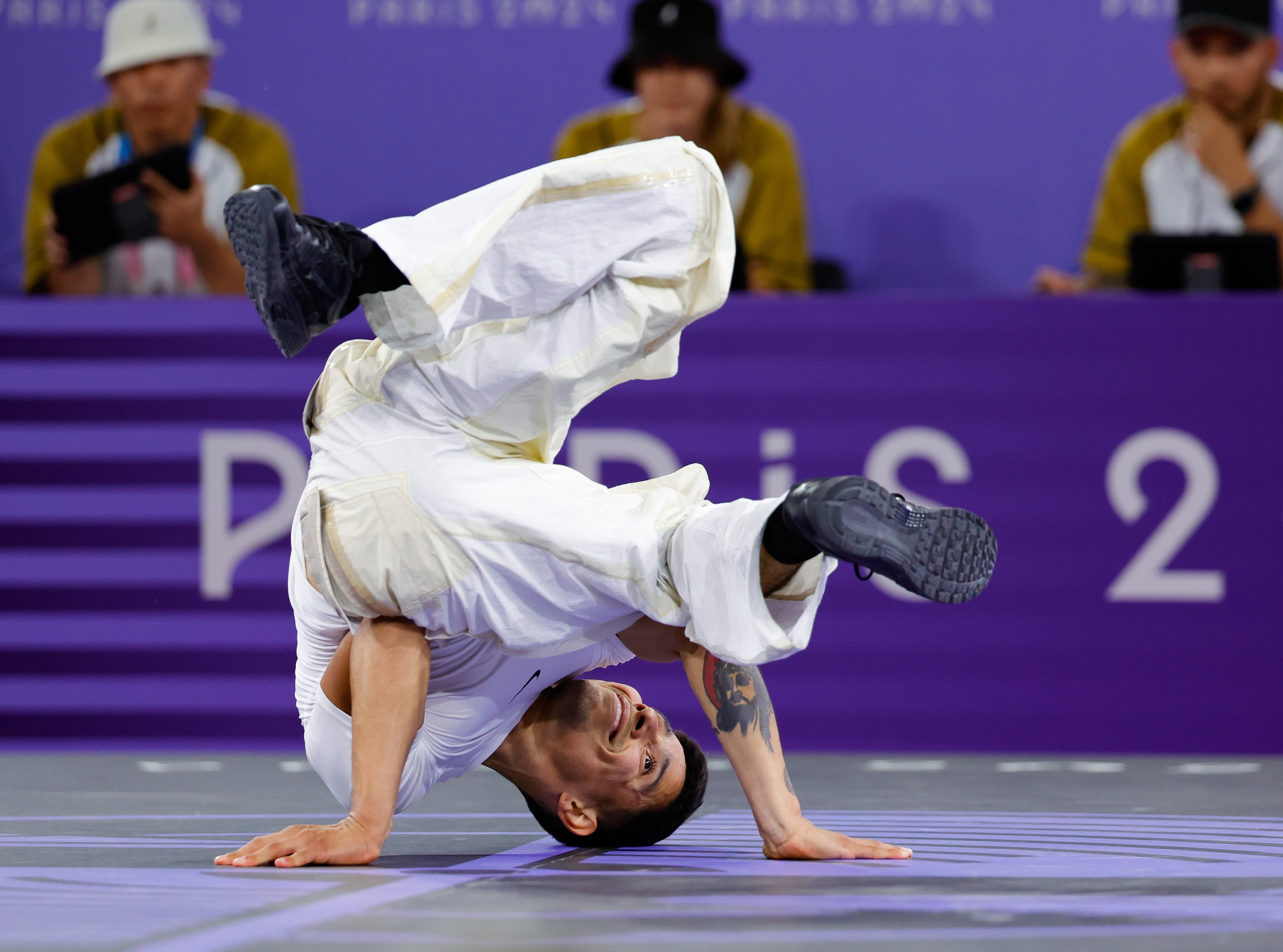 Victor Montalvo of the United States, known as B-Boy Victor, competes during the breaking B-boys bronze medal battle at the Paris 2024 Olympic Games in Paris, France, Aug. 10, 2024. (Photo by Shen Bohan/Xinhua via Getty Images)