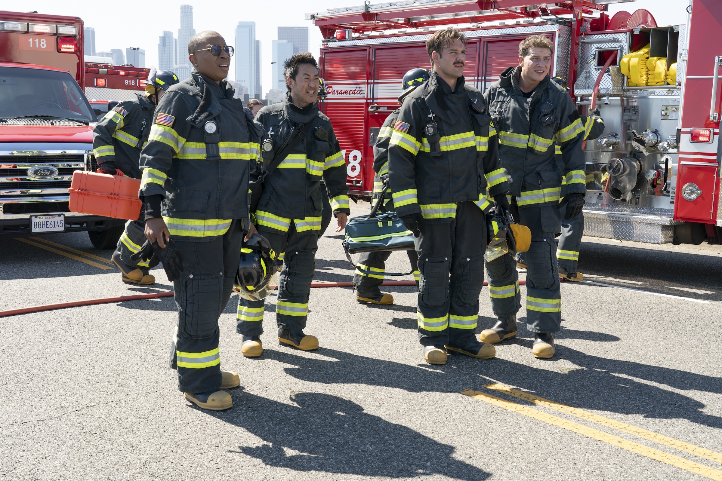 9-1-1 – “Buzzkill” – The 118 team battles an “un-bee-lievable” emergency when a trailer with millions of bees crashes on the streets of Los Angeles, unleashing a swarm. THURSDAY, SEPT. 26 (8:00-9:00 p.m. EDT) on ABC. (Disney/Christopher Willard) AISHA HINDS, KENNETH CHOI, RYAN GUZMAN, OLIVER STARK