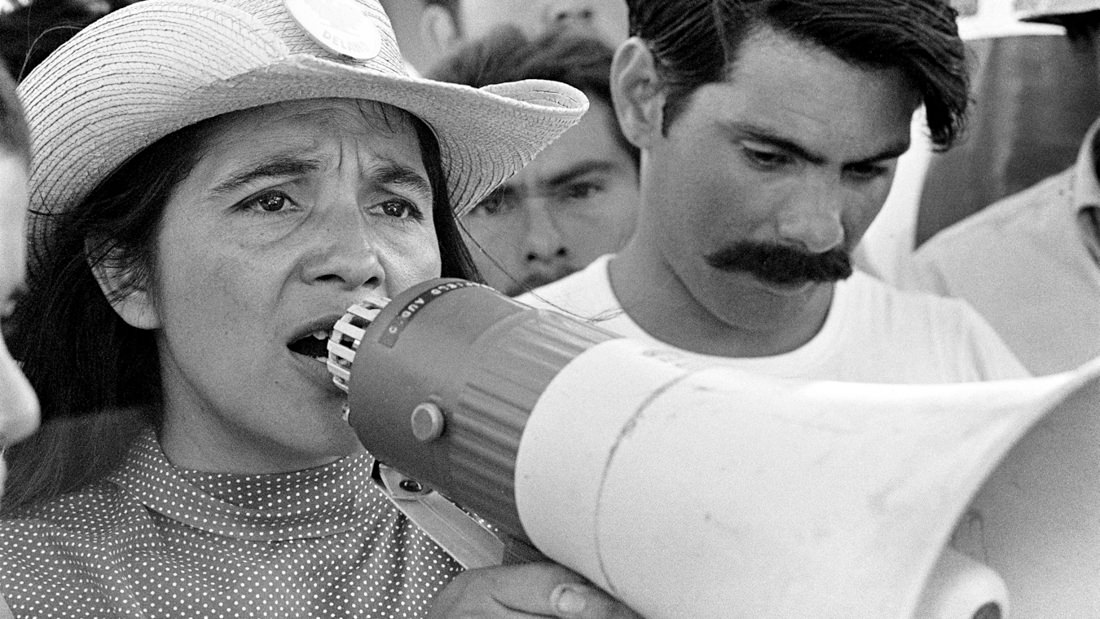 United Farm Workers leader Dolores Huerta organizing marchers on the 2nd day of March Coachella in Coachella, CA 1969. © 1976 George Ballis / Take Stock / The Image Works. Courtesy of PBS Distribution