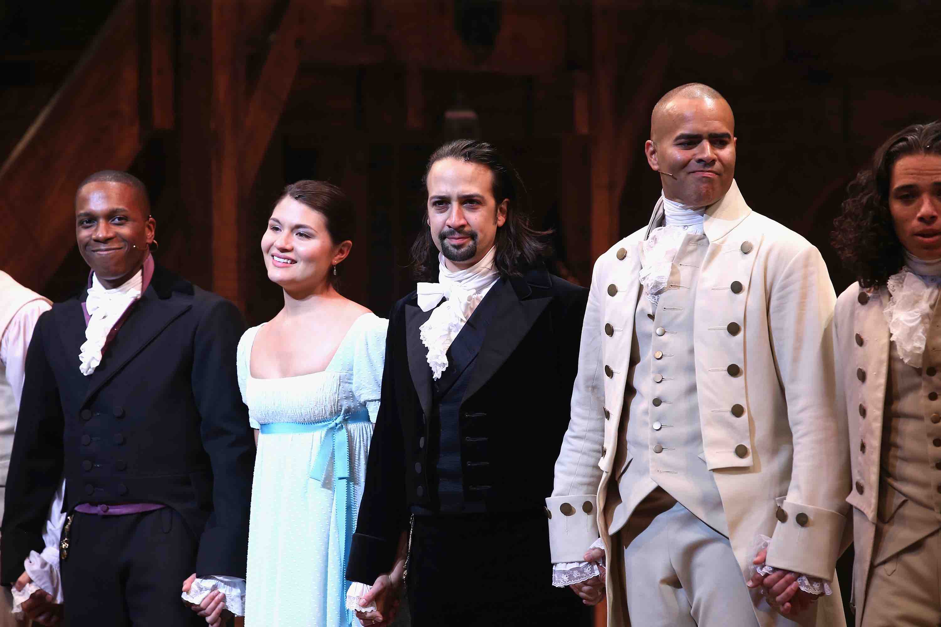 Leslie Odom; Jr., Phillipa Soo, Lin-Manuel Miranda and Christopher Jackson attend 'Hamilton' Broadway Opening Night at Richard Rodgers Theatre on August 6, 2015 in New York City. Photo by Neilson Barnard/Getty Images