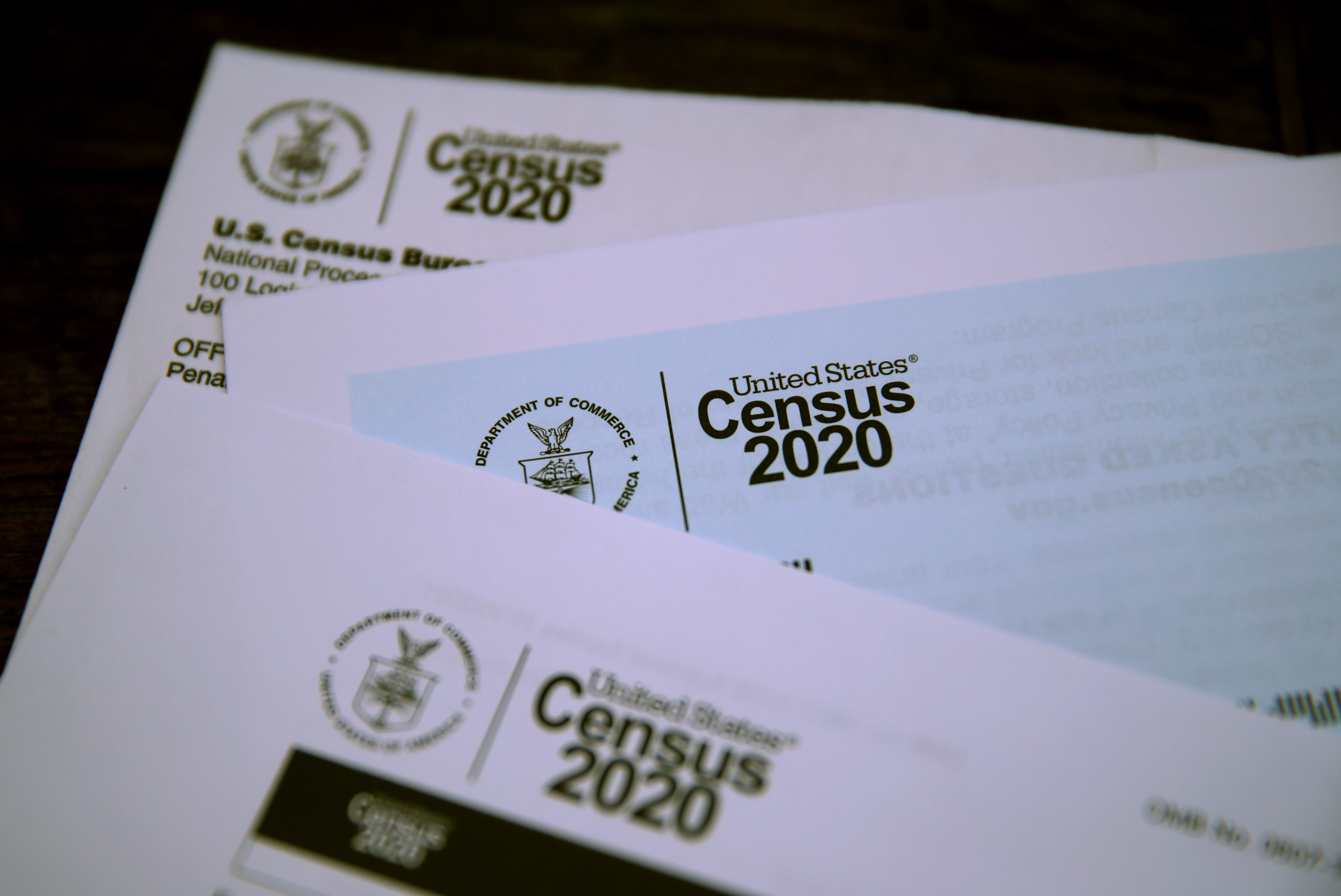 The U.S. Census logo appears on census materials received in the mail with an invitation to fill out census information online on March 19, 2020 in San Anselmo, California. Photo Illustration by Justin Sullivan/Getty Images
