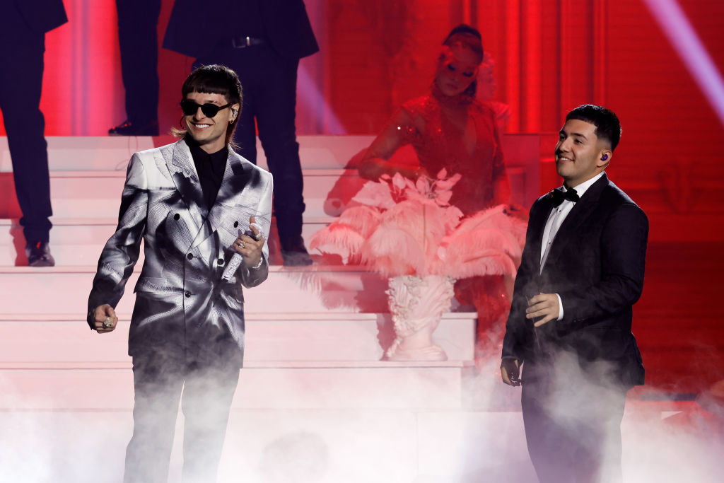 Peso Pluma and Pedro Tovar of Eslabon Armado perform onstage during The 24th Annual Latin Grammy Awards