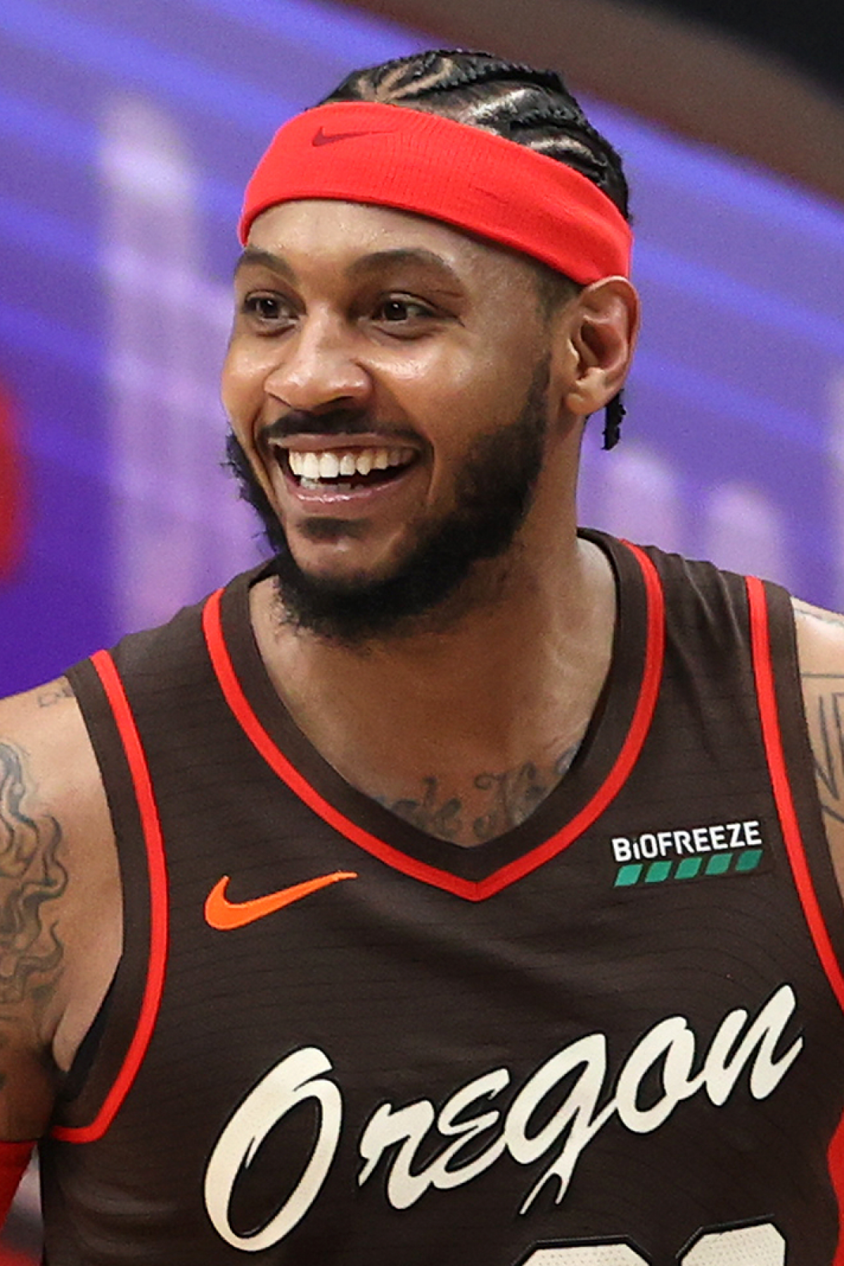 Carmelo Anthony #00 of the Portland Trail Blazers reacts in the fourth quarter against the Golden State Warriors at Moda Center on March 03, 2021 in Portland, Oregon. Photo by Abbie Parr/Getty Images