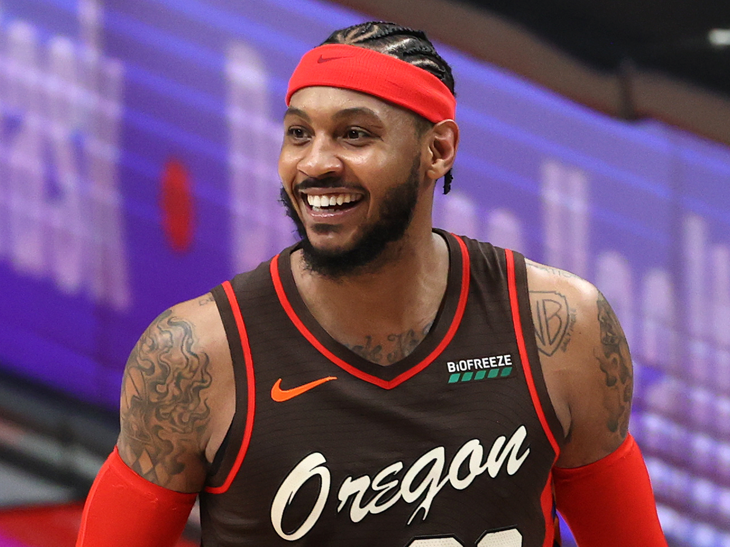 Carmelo Anthony of the Portland Trail Blazers looks on in the fourth