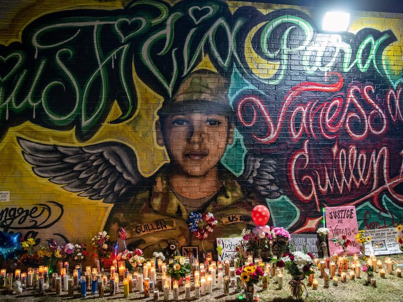 Flowers adorn a mural of Vanessa Guillen, a soldier based at nearby Fort Hood on July 6, 2020 in Austin, Texas. Photo by Sergio Flores/Getty Images