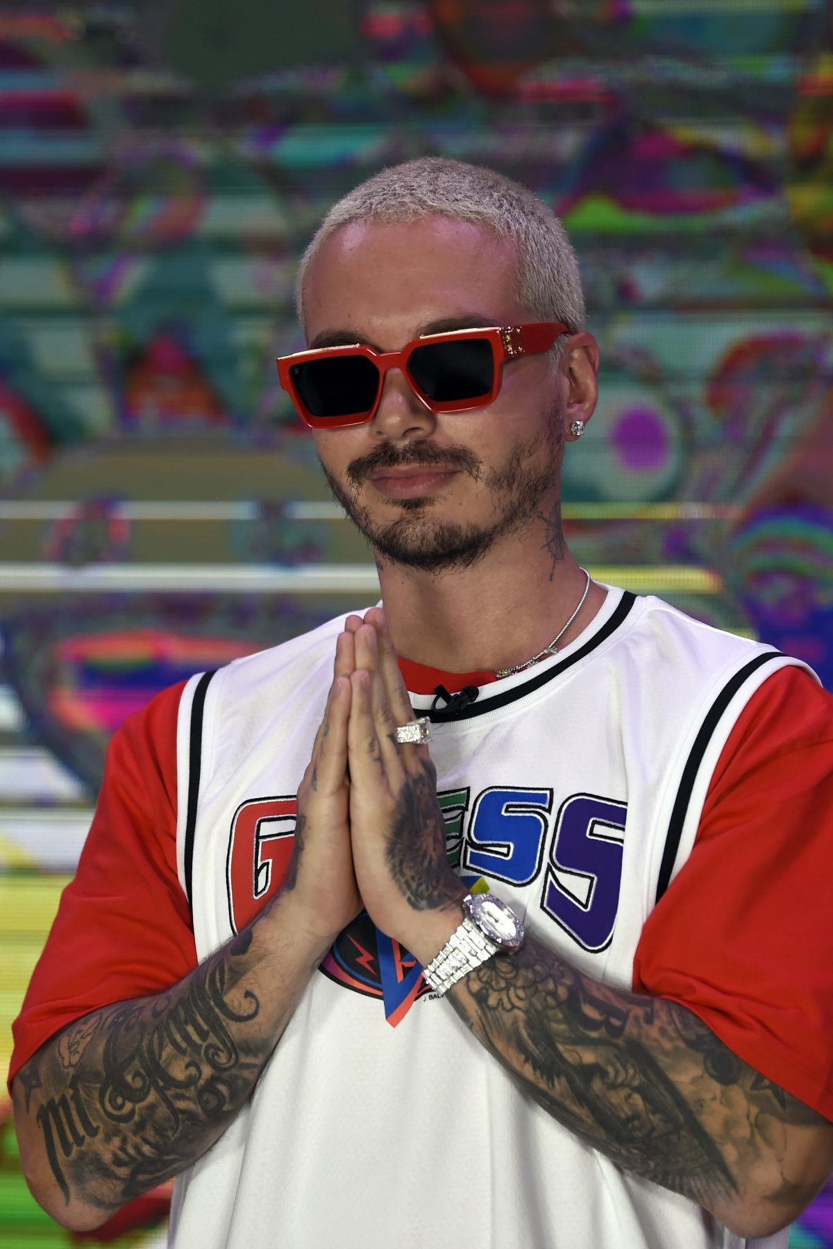 Colombian musician and composer Jose Alvaro Osorio Balvi aka J Balvin poses during a photo call at the Universal Music offices in Mexico City on March 3, 2020