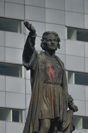 Christopher Columbus statue painted red.