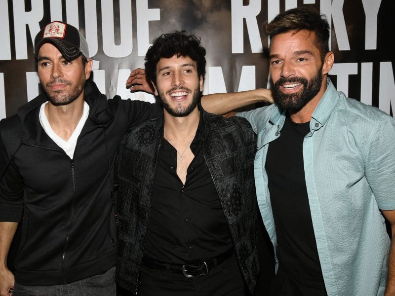 WEST HOLLYWOOD, CALIFORNIA - MARCH 04: (L-R) Enrique Iglesias, Sebastián Yatra and Ricky Martin hold a press conference at Penthouse at the London West Hollywood on March 4, 2020 in West Hollywood, California.