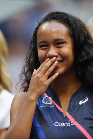 Leylah Annie Fernandez of Canada reacts during the trophy ceremony after being defeated by Emma Raducanu of Great Britain during their Women's Singles final match on Day Thirteen of the 2021 US Open at the USTA Billie Jean King National Tennis Center on September 11, 2021 in the Flushing neighborhood of the Queens borough of New York City.
