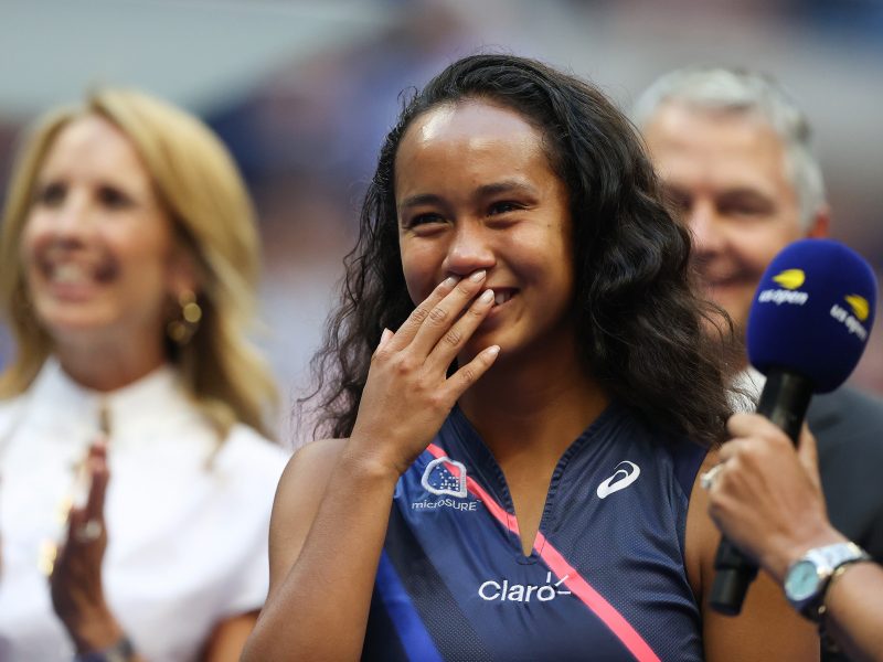 Leylah Annie Fernandez of Canada reacts during the trophy ceremony after being defeated by Emma Raducanu of Great Britain during their Women's Singles final match on Day Thirteen of the 2021 US Open at the USTA Billie Jean King National Tennis Center on September 11, 2021 in the Flushing neighborhood of the Queens borough of New York City.
