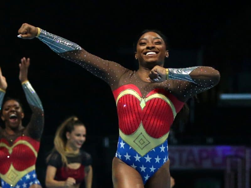 LOS ANGELES, CALIFORNIA - SEPTEMBER 25: Simone Biles performs during the Gold Over America Tour at Staples Center on September 25, 2021 in Los Angeles, California.