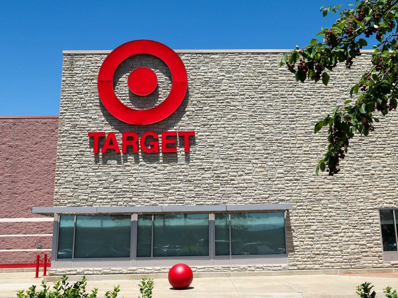 The bullseye logo is seen on the outside of a Target store