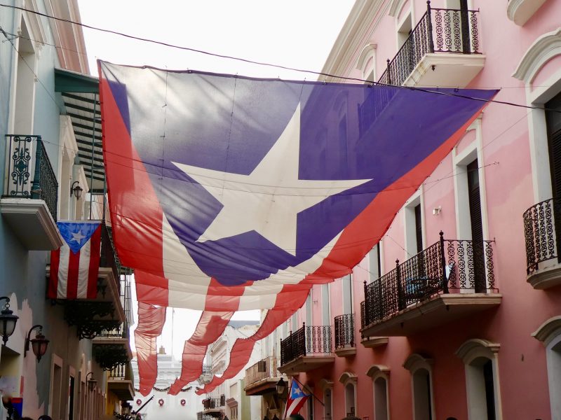 Celebration banner in streets of Old San Juan Puerto Rico