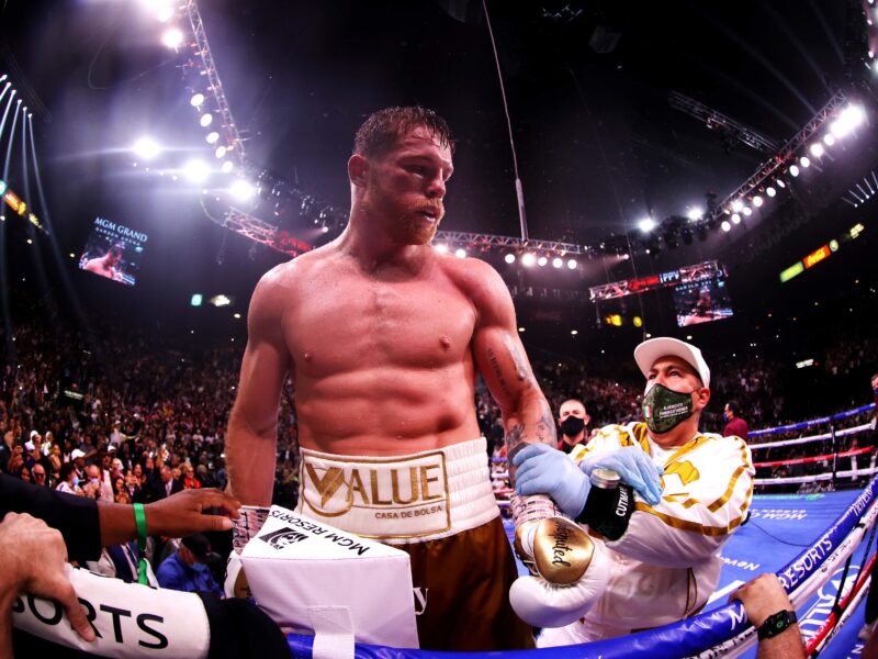 LAS VEGAS, NEVADA - NOVEMBER 06: Canelo Alvarez celebrates his 11th round technical knock out win against Caleb Plant after their championship bout for Alvarez's WBC, WBO and WBA super middleweight titles and Plant's IBF super middleweight title at MGM Grand Garden Arena on November 06, 2021 in Las Vegas, Nevada.