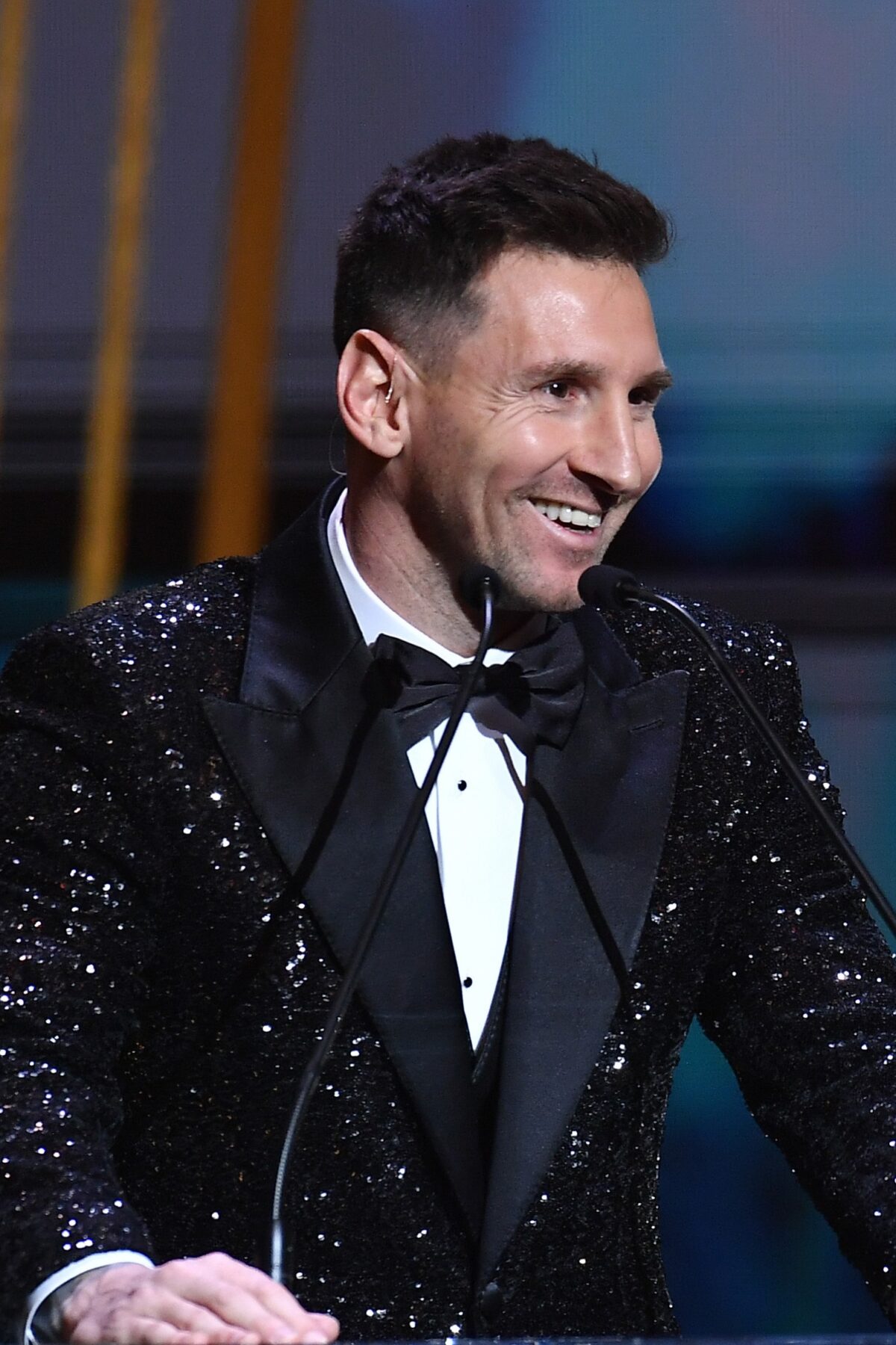 PARIS, FRANCE - NOVEMBER 29: Lionel Messi (ARG / PSG) is awarded with his seventh Ballon D'Or award during the Ballon D'Or Ceremony at Theatre du Chatelet on November 29, 2021 in Paris, France.
