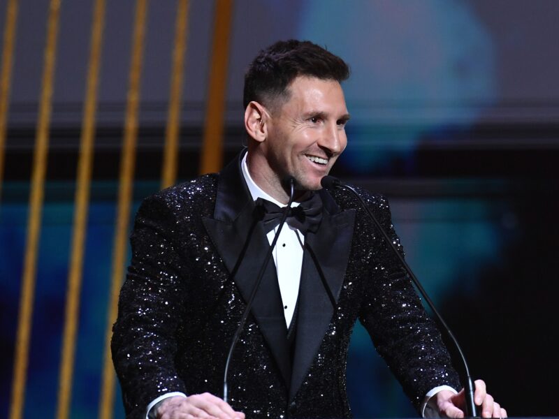 PARIS, FRANCE - NOVEMBER 29: Lionel Messi (ARG / PSG) is awarded with his seventh Ballon D'Or award during the Ballon D'Or Ceremony at Theatre du Chatelet on November 29, 2021 in Paris, France.