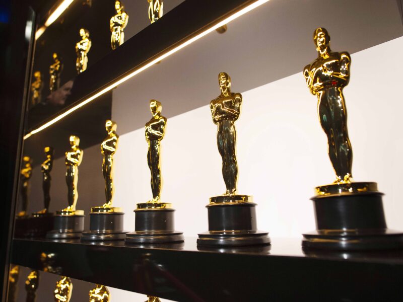A display case of Oscars from the Academy Awards