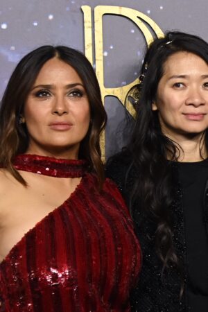 LONDON, ENGLAND - OCTOBER 27: (L-R) Salma Hayek, director Chloe Zhao, Angelina Jolie and Gemma Chan attend the "The Eternals" UK Premiere at BFI IMAX Waterloo on October 27, 2021 in London, England.