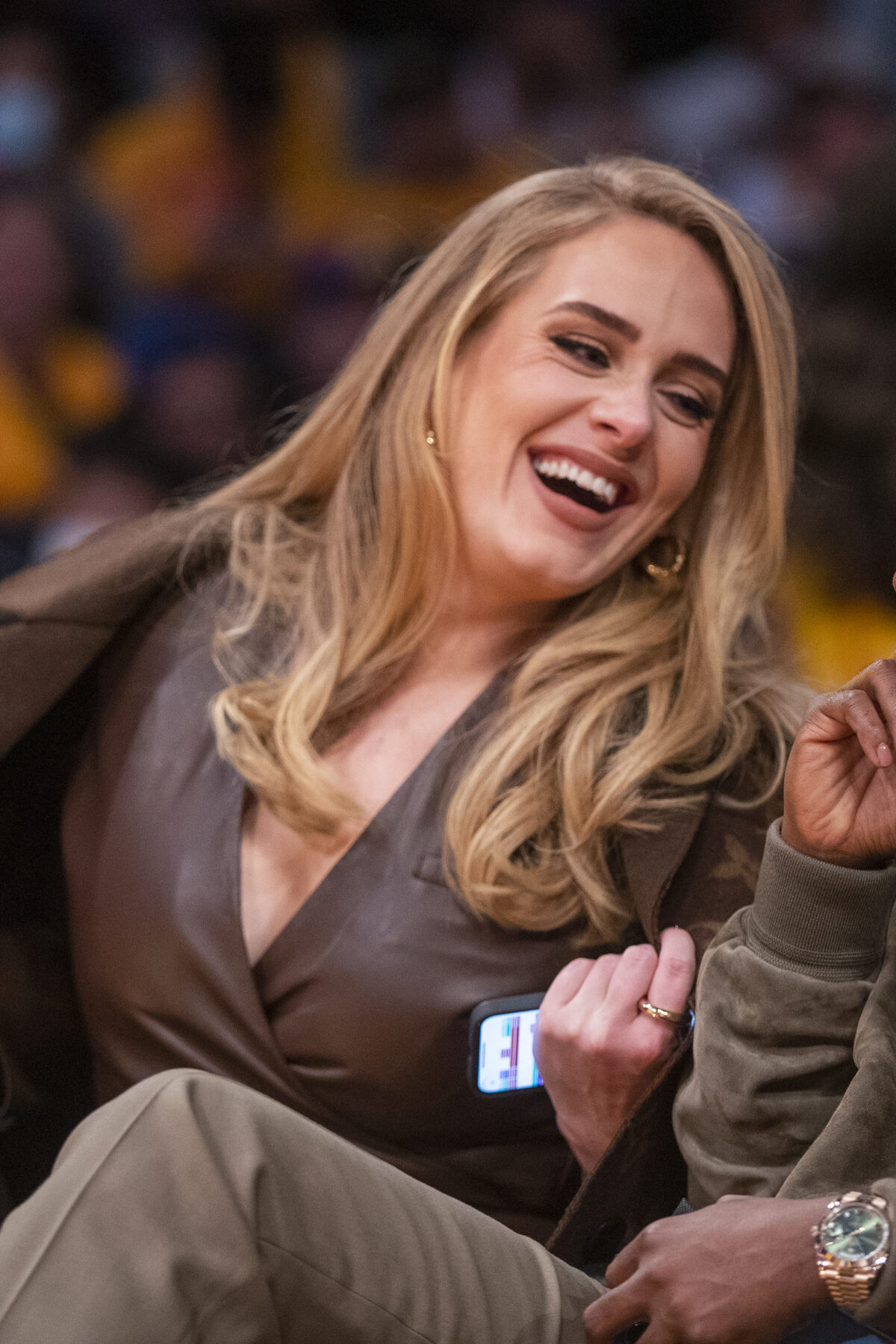 Los Angeles, CA - October 19: Singer Adele attends a game between the Golden State Warriors and the Los Angeles Lakers on October 19, 2021 at STAPLES Center in Los Angeles.