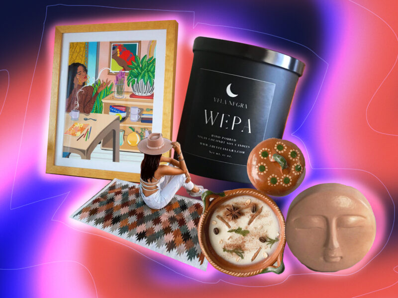 A compilation of artwork, candle, and home decor in front of multi-colored graphic.