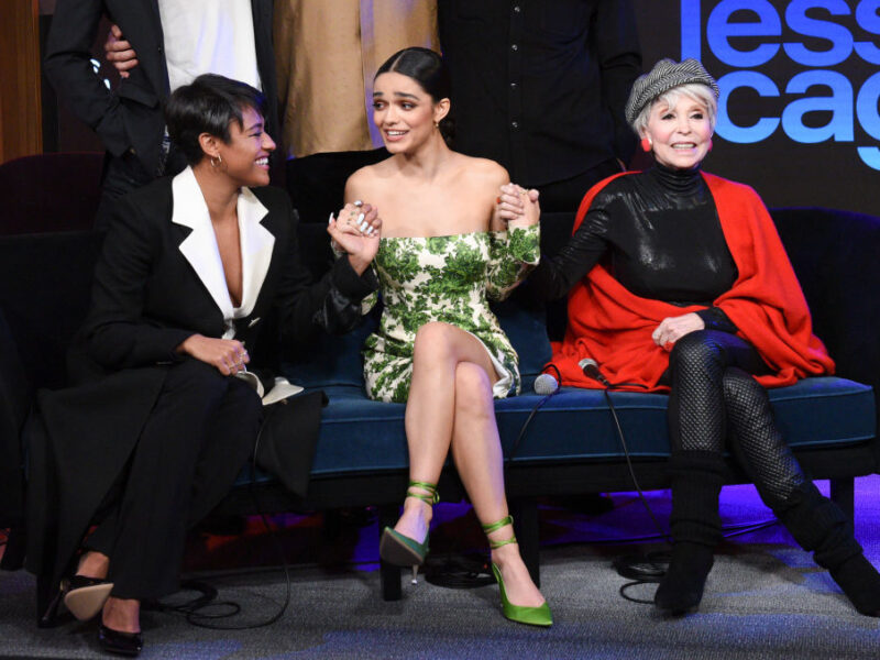LOS ANGELES, CALIFORNIA - DECEMBER 06: Ariana DeBose, Rachel Zegler and Rita Moreno attend SiriusXM's Town Hall with the Cast of 