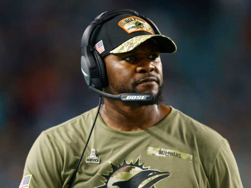 MIAMI GARDENS, FLORIDA - NOVEMBER 11: Head coach Brian Flores of the Miami Dolphins looks on against the Baltimore Ravensat Hard Rock Stadium on November 11, 2021 in Miami Gardens, Florida. (Photo by Michael Reaves/Getty Images)
