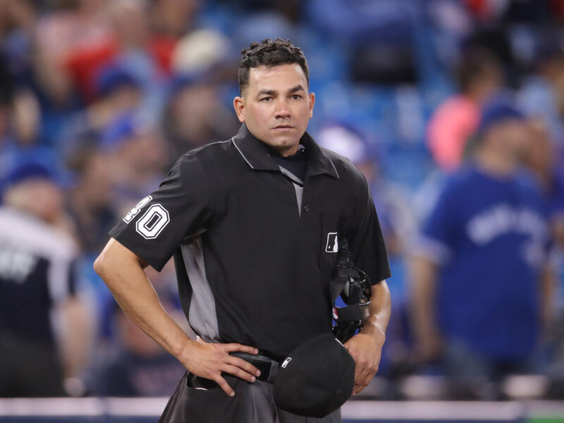 TORONTO, ON - MAY 22: Home plate umpire Roberto Ortiz #40 looks on during the Toronto Blue Jays MLB game against the Boston Red Sox at Rogers Centre on May 22, 2019 in Toronto, Canada. (Photo by Tom Szczerbowski/Getty Images)