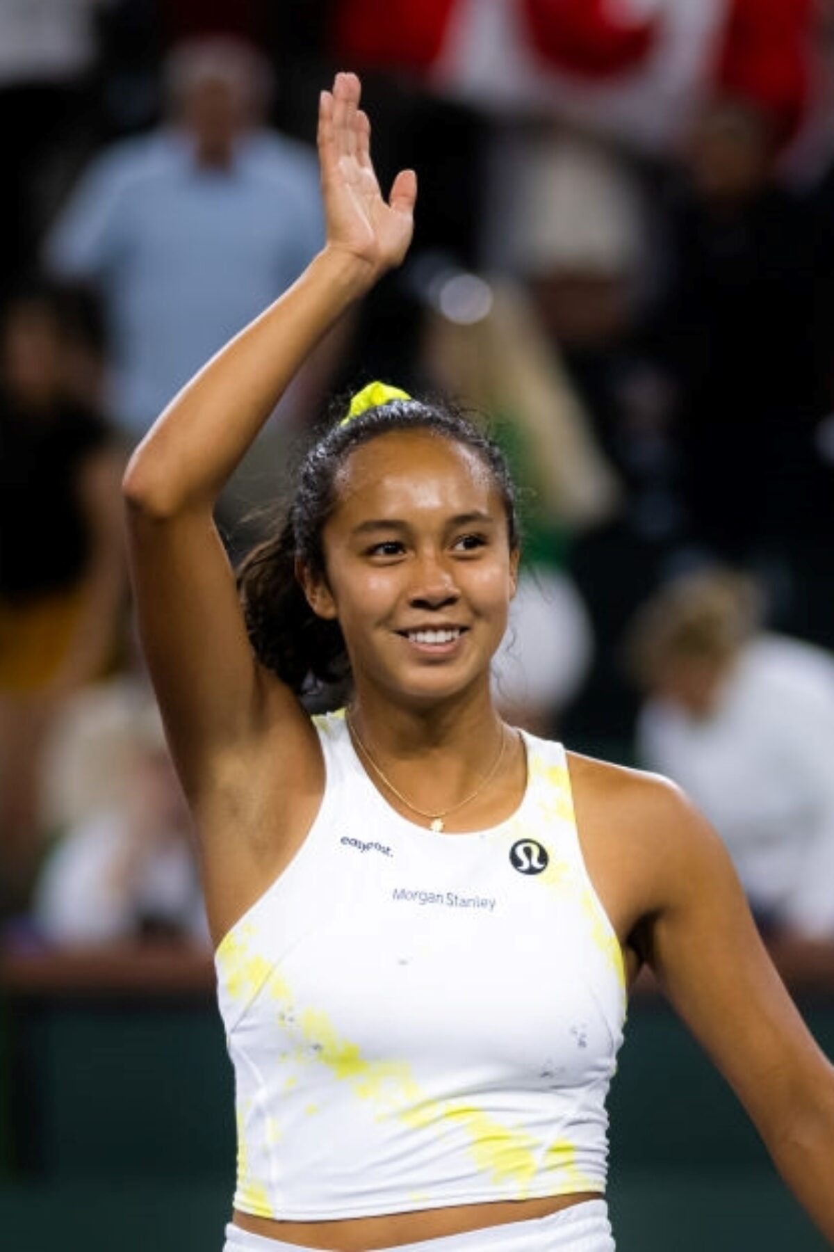 INDIAN WELLS, CALIFORNIA - MARCH 14: Leylah Fernandez of Canada celebrates defeating Shelby Rogers of the United States in her third-round match at the 2022 BNP Paribas Open at the Indian Wells Tennis Garden on March 14, 2022 in Indian Wells, California (Photo by Robert Prange/Getty Images)
