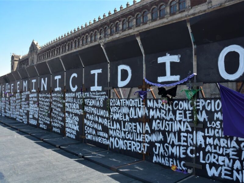 MEXICO CITY, MEXICO - MARCH 07: Metal retaining walls were painted by women before the feminist march on Monday on March 7, 2021 in Mexico City, Mexico. (Photo by Medios y Media/Getty Images)