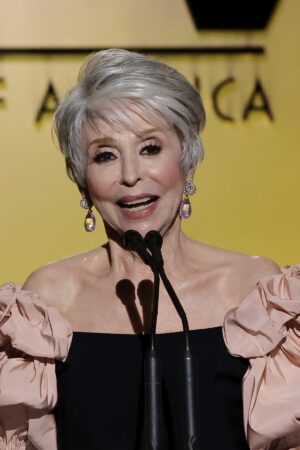 LOS ANGELES, CALIFORNIA - MARCH 19: Rita Moreno accepts the Stanley Kramer Award onstage during the 33rd Annual Producers Guild Awards at Fairmont Century Plaza on March 19, 2022 in Los Angeles, California. (Photo by Kevin Winter/Getty Images)