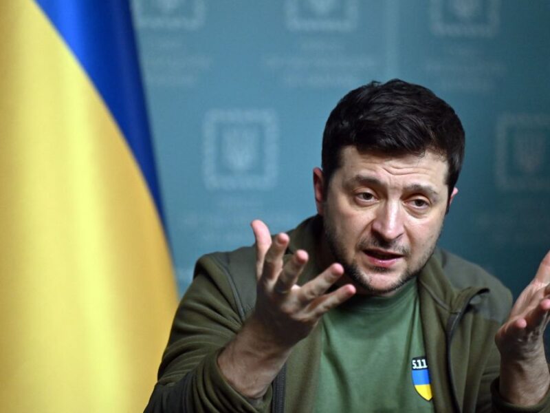 Ukrainian President Volodymyr Zelensky speaks during a press conference in Kyiv on March 3, 2022. - Ukraine President Volodymyr Zelensky called on the West on March 3, 2022, to increase military aid to Ukraine, saying Russia would advance on the rest of Europe otherwise. 