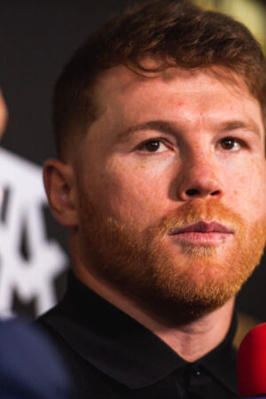 SAN DIEGO, CA - MARCH 02: Boxer Canelo Alvarez speaks with the media following at the press conference announcing the May 7th Canelo Alvarez v Dmitry Bivol fight at the Sheraton Hotel on March 2, 2022 in San Diego, California. (Photo by Matt Thomas/Getty Images) ***Local Caption***