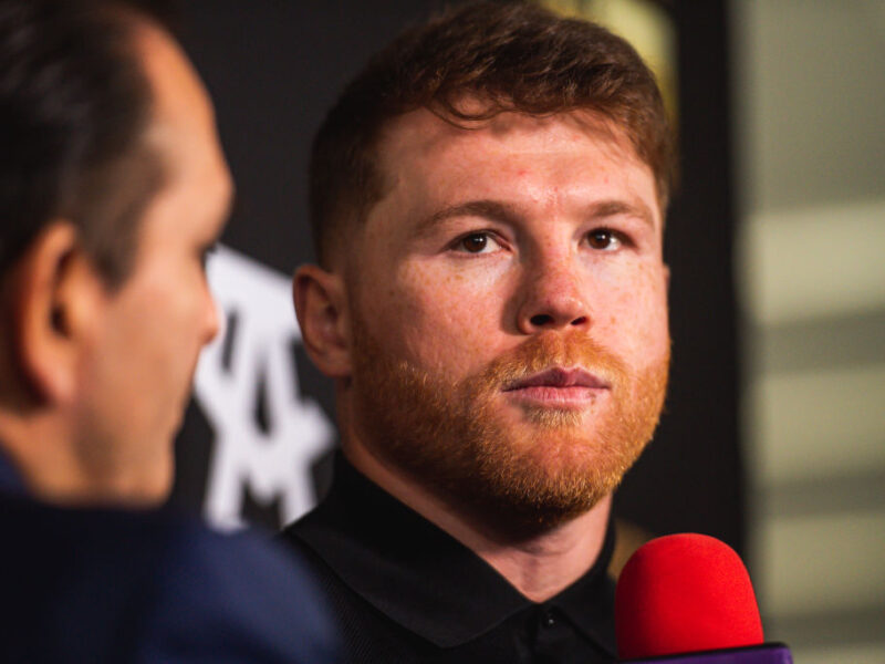 SAN DIEGO, CA - MARCH 02: Boxer Canelo Alvarez speaks with the media following at the press conference announcing the May 7th Canelo Alvarez v Dmitry Bivol fight at the Sheraton Hotel on March 2, 2022 in San Diego, California. (Photo by Matt Thomas/Getty Images) ***Local Caption***