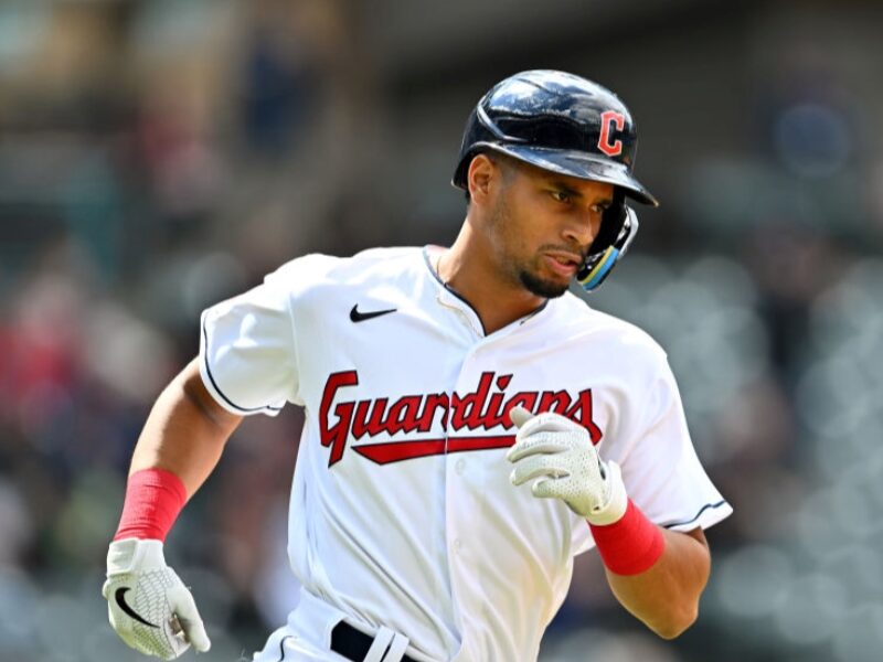 CLEVELAND, OHIO - APRIL 21: Oscar Mercado #35 of the Cleveland Guardians runs to first during the sixth inning against the Chicago White Sox at Progressive Field on April 21, 2022 in Cleveland, Ohio. (Photo by Jason Miller/Getty Images)