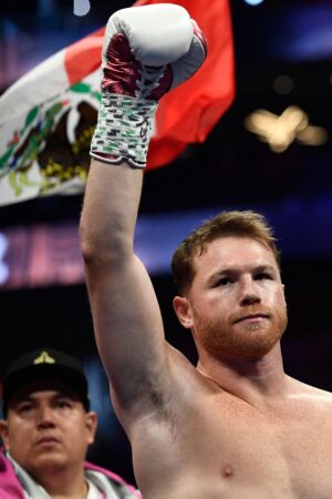 Mexican boxer Canelo Alvarez arrives for his light-heavyweight world title boxing match against Russian boxer Dmitry Bivol at T-Mobile Arena in Las Vegas, Nevada, May 7, 2022. (Photo by Patrick T. FALLON / AFP) (Photo by PATRICK T. FALLON/AFP via Getty Images)