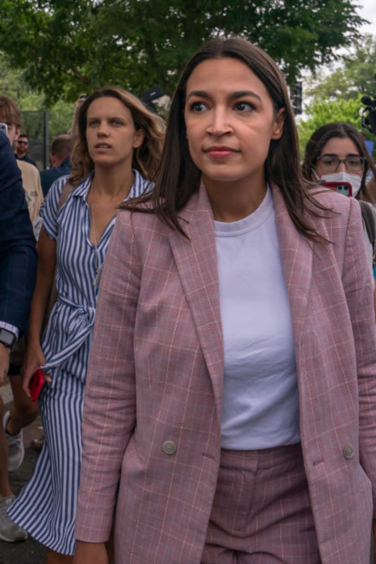 WASHINGTON, DC - JUNE 24: Rep. Alexandria Ocasio-Cortez (D-NY) leaves after speaking to abortion-rights activists in front of the U.S. Supreme Court after the Court announced a ruling in the Dobbs v Jackson Women's Health Organization case on June 24, 2022 in Washington, DC. The Court's decision in the Dobbs v Jackson Women's Health case overturns the landmark 50-year-old Roe v Wade case, removing a federal right to an abortion. (Photo by Nathan Howard/Getty Images)
