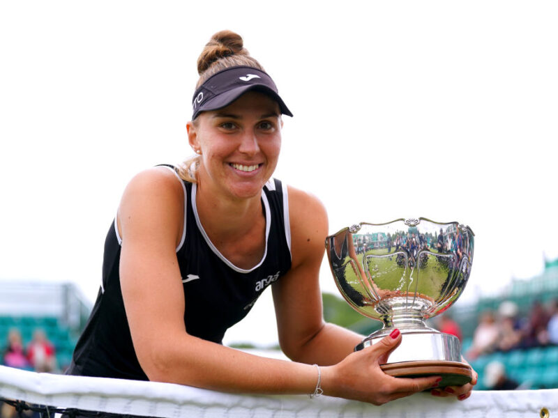Brazil's Beatriz Haddad Maia celebrates with the trophy after winning her women's singles final match against USA's Alison Riske on centre court on day nine of the Rothesay Open 2022 at Nottingham Tennis Centre, Nottingham. Picture date: Sunday June 12, 2022. (Photo by Tim Goode/PA Images via Getty Images)