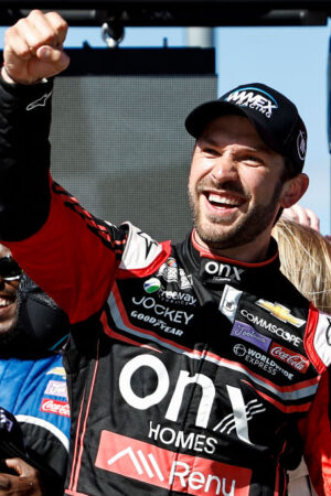 SONOMA, CALIFORNIA - JUNE 12: Daniel Suarez, driver of the #99 Onx Homes/Renu Chevrolet, celebrates in victory lane after winning the NASCAR Cup Series Toyota/Save Mart 350 at Sonoma Raceway on June 12, 2022 in Sonoma, California. (Photo by Chris Graythen/Getty Images)