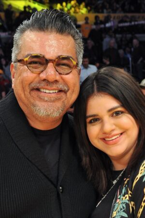 LOS ANGELES, CA - JANUARY 03: George Lopez and Mayan Lopez attend a basketball game between the Los Angeles Lakers and the Oklahoma City Thunder at Staples Center on January 3, 2018 in Los Angeles, California. (Photo by Allen Berezovsky/Getty Images)
