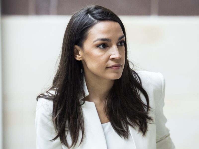 UNITED STATES - MARCH 16: Rep. Alexandria Ocasio-Cortez, D-N.Y., is seen in the Capitol Visitor Center after an address to Congress by Ukrainian President Volodymyr Zelenskyy about the Russian invasion on Wednesday, March 16, 2022. (Tom Williams/CQ-Roll Call, Inc via Getty Images)