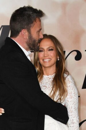US actress Jennifer Lopez and actor Ben Affleck arrive for a special screening of "Marry Me" at the Directors Guild of America (DGA) in Los Angeles, February 8, 2022. (Photo by VALERIE MACON / AFP) (Photo by VALERIE MACON/AFP via Getty Images)