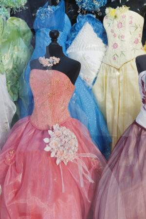 Shop window with Quinceanera dresses