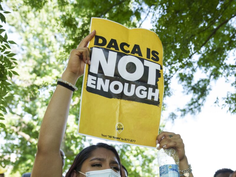 WASHINGTON, DC - JUNE 15: Immigration advocates rally to urge Congress to pass permanent protections for DACA recipients and create a pathway to citizenship, near the U.S. Capitol June 15, 2022 in Washington, DC. In 2012, President Barack Obama and his administration introduced the Deferred Action for Childhood Arrivals (DACA) program, protecting eligible immigrants who came to the United States as children from deportation. In 2020, the U.S. Supreme Court upheld the DACA initiative in a 5-4 ruling. (Photo by Drew Angerer/Getty Images)