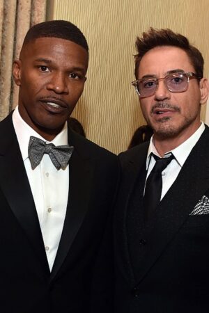 BEVERLY HILLS, CA - OCTOBER 30: (EXCLUSIVE COVERAGE) Actor Jamie Foxx (L) and honoree Robert Downey Jr. attend the BAFTA Los Angeles Jaguar Britannia Awards presented by BBC America and United Airlines at The Beverly Hilton Hotel on October 30, 2014 in Beverly Hills, California. (Photo by Kevin Winter/BAFTA LA/Getty Images for BAFTA LA)
