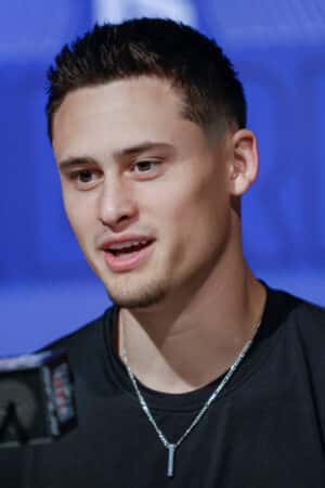 INDIANAPOLIS, IN - MAR 5: Matt Araiza #PK01 of the San Diego State Aztecs speaks to reporters during the NFL Draft Combine at the Indiana Convention Center on March 5, 2022 in Indianapolis, Indiana. (Photo by Michael Hickey/Getty Images)