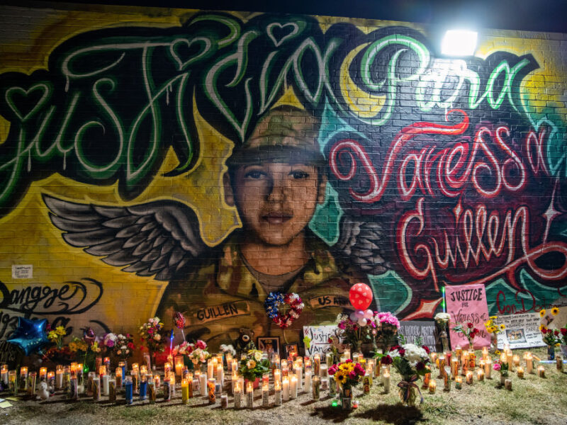 AUSTIN, TX - JULY 06: Flowers adorn a mural of Vanessa Guillen, a soldier based at nearby Fort Hood on July 6, 2020 in Austin, Texas. A suspect in the disappearance of Guillen, whose remains were found in a shallow grave, faced a judge Monday morning. (Photo by Sergio Flores/Getty Images)