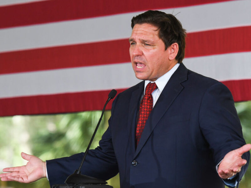 GENEVA, UNITED STATES - 2022/08/24: Florida Gov. Ron DeSantis speaks to supporters at a campaign stop on the Keep Florida Free Tour at the Horsepower Ranch in Geneva. DeSantis faces former Florida Gov. Charlie Crist for the general election for Florida Governor in November. (Photo by Paul Hennessy/SOPA Images/LightRocket via Getty Images)