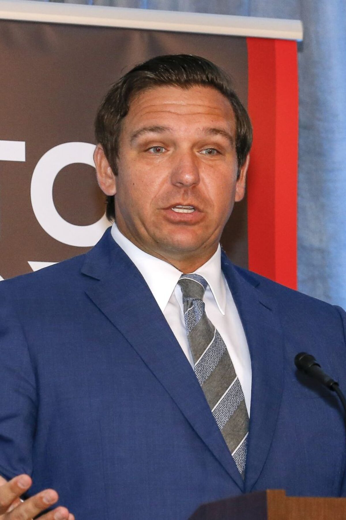 TALLAHASSEE, FL - APRIL 23: Florida Governor Ron DeSantis addresses the audience of the first of a series of 
