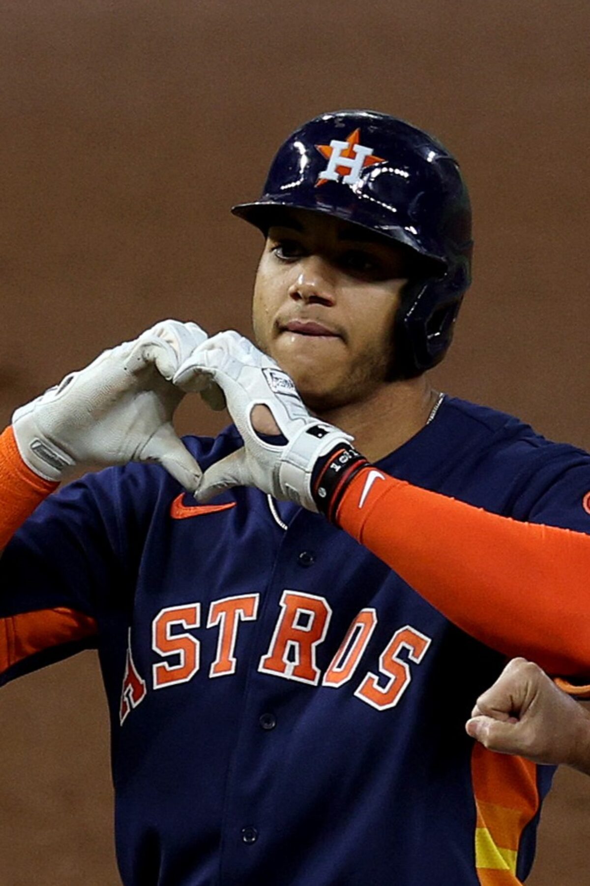 HOUSTON, TEXAS - OCTOBER 20: Jeremy Pena #3 of the Houston Astros reacts after his single against the New York Yankees during the third inning in game two of the American League Championship Series at Minute Maid Park on October 20, 2022 in Houston, Texas. (Photo by Rob Carr/Getty Images)